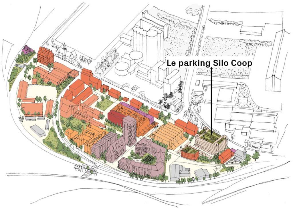 Le parking Silo Coop sera situé à l'entrée du quartier pour répondre aux besoins des futurs habitants, travailleurs et visiteurs ! (Crédits axonométrie : Alexandre Chemetoff & Associés)