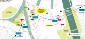 Carte situant les arrêts de tram, les plateformes de mobilités et les pôles d'attractivité des 4 quartiers du projet Deux-Rives.