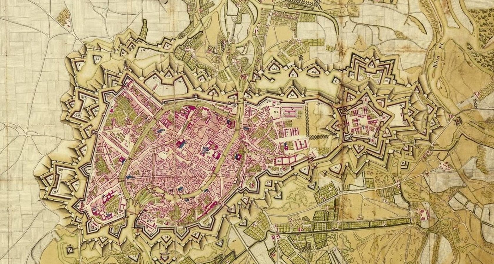 Carte illustrant les fortifications de Strasbourg mises en place par Vauban en 1750. Crédits AVES
