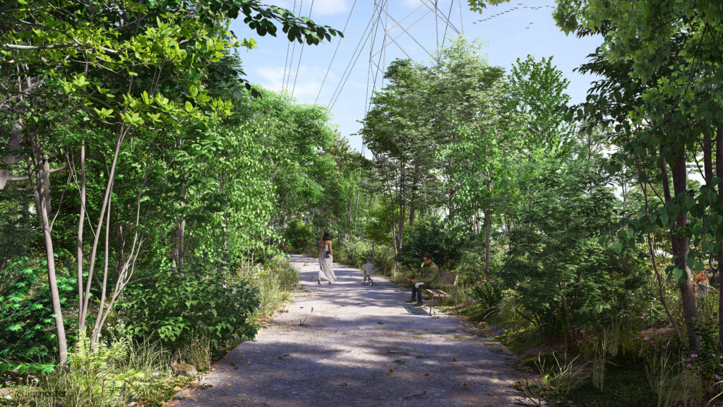 Vue perspective du parc du Petit Rhin en bordure de la rive naturelle, le long de piste cyclable qui borde la rue du péage. Agence TER