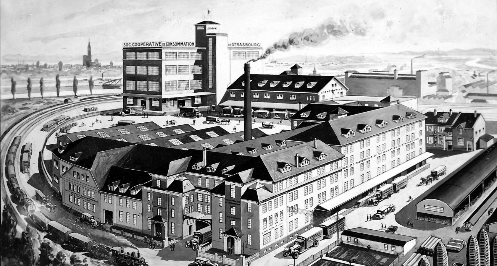 Period illustration showing an aerial view of the Coop headquarters.