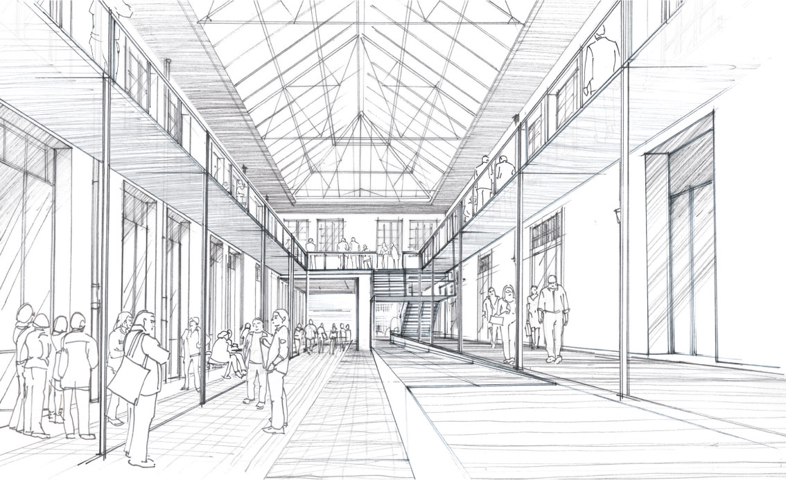 Drawing of the atrium of the Administration building, after restoration. Credit: Alexandre Chemetoff