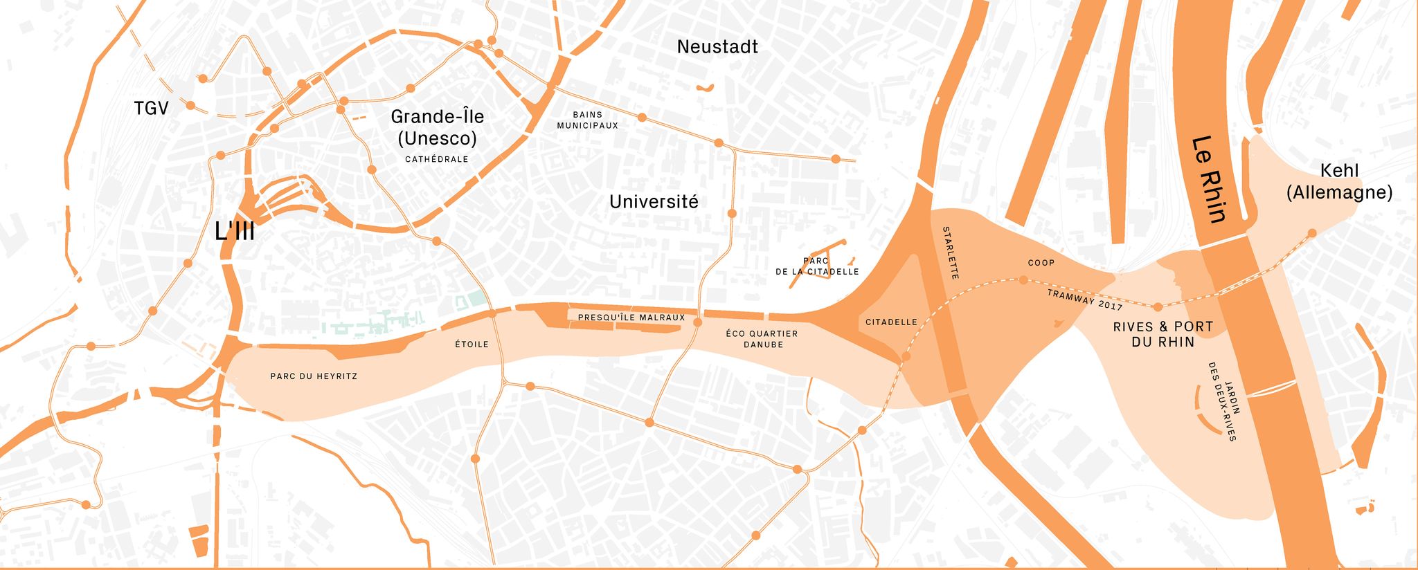 Masterplan des Projekts Deux-Rives innerhalb der Stadt Strasbourg – Copyright Horstaxe.