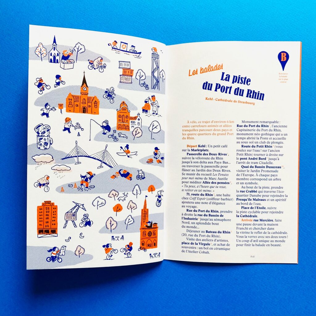 Photo de la double page du guide strasbourg deux rives avec une illustration d'Ariane Pinel en regard de la balade "La piste du Port du Rhin"