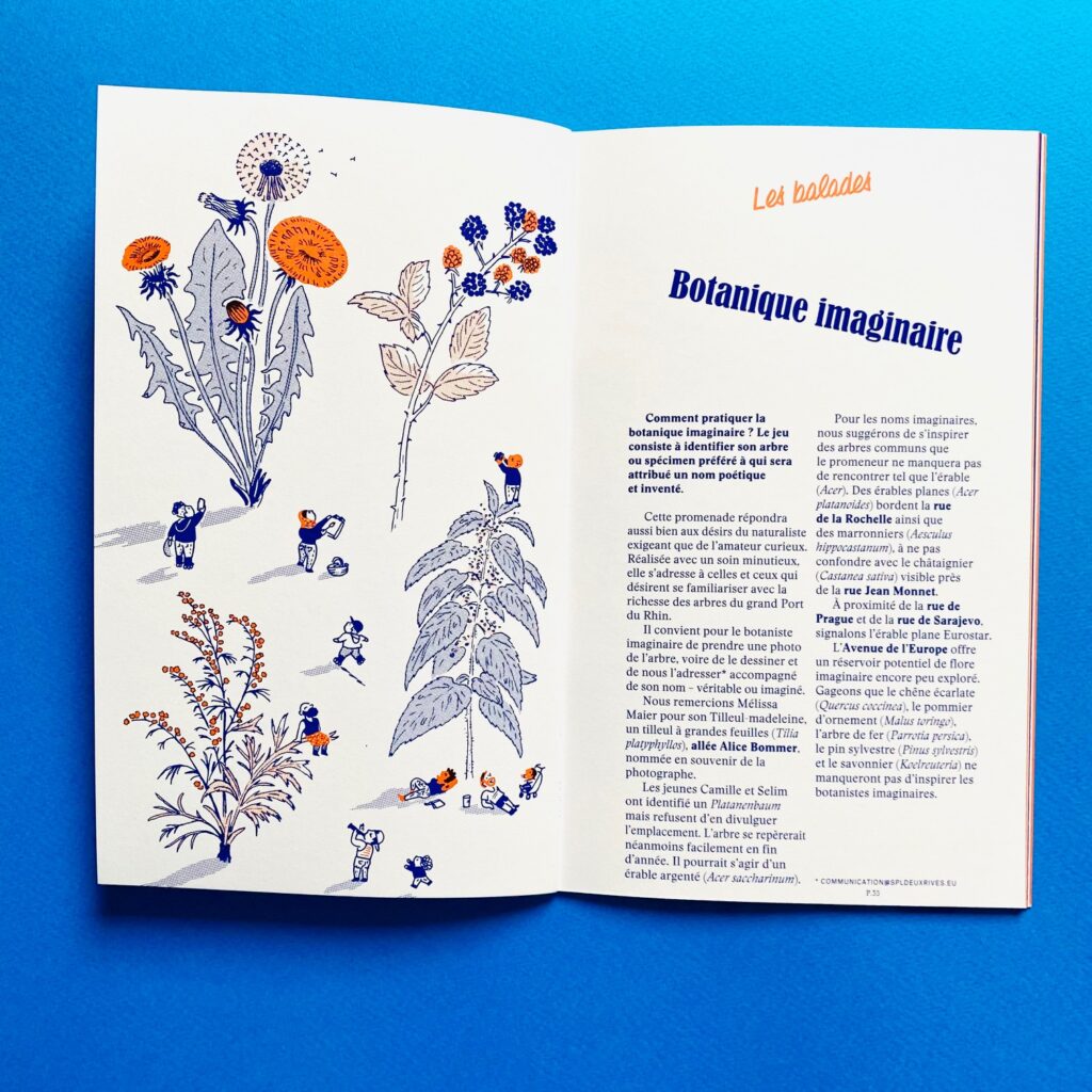 Photo de la double page du guide strasbourg deux rives avec une illustration d'Ariane Pinel en regard de la balade "Botanique imaginaire"