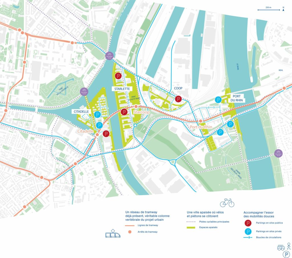 Carte présentant les mobilités à l'échelle du projet urbain (voir page "se déplacer" sur l'accueil pour toutes les informations)