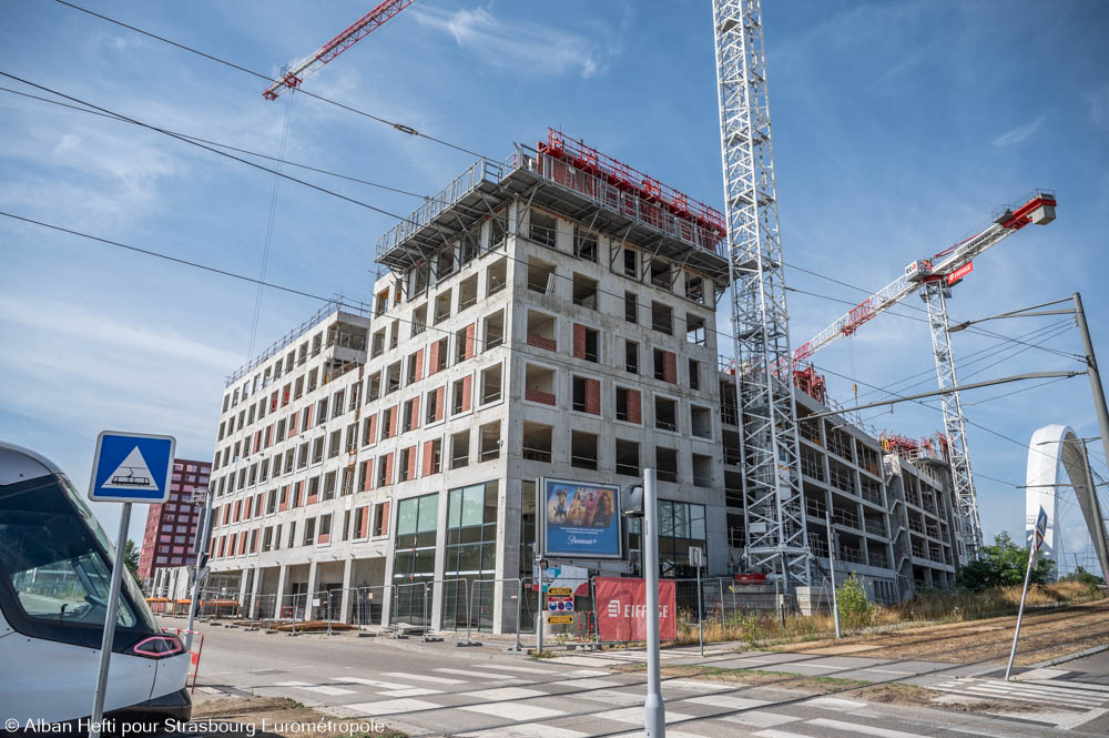 Blick von der Rue du Péage auf das künftige Wohnquartier StarDock. Bildnachweis: Alban Hefti für die Eurometropole Straßburg
