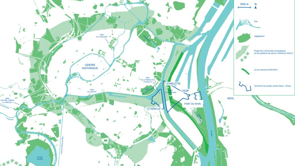 Carte présentant les continuités écologiques à l'échelle du projet urbain Deux-Rives et de la ville de Strasbourg : la ceinture verte qui entoure la ville et la continuité nord-sud entre les forêts de la Robertsau et du Neuhof
