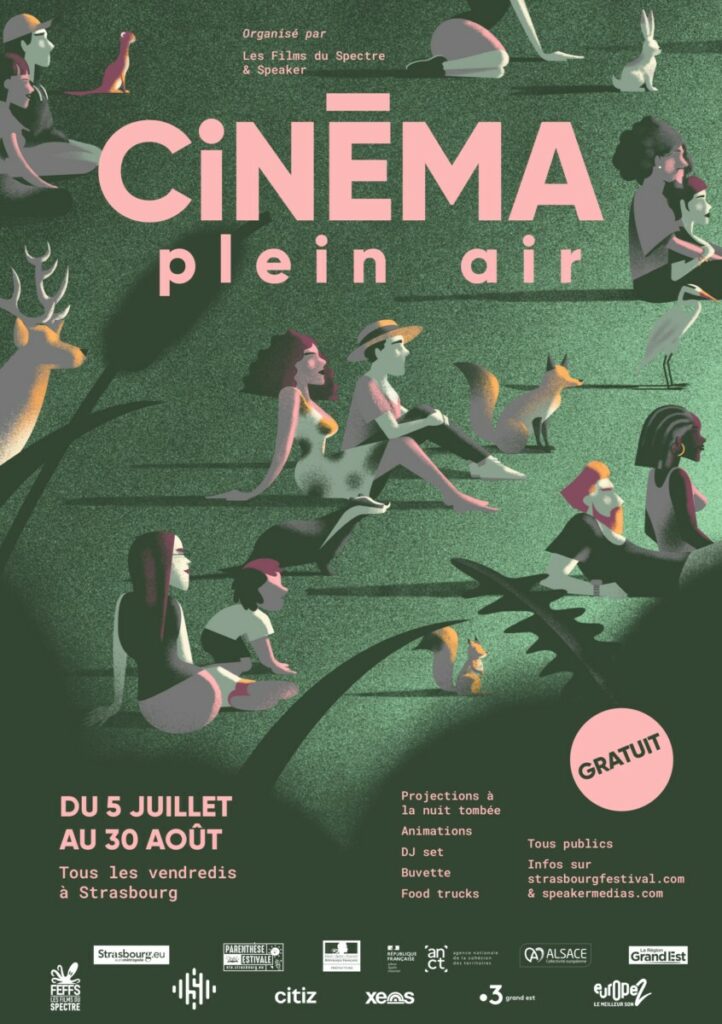 Cinéma en plein air, du 5 juillet au 30 août 2024 à Strasbourg. Crédits affiche et visuel : Jean Leblanc.