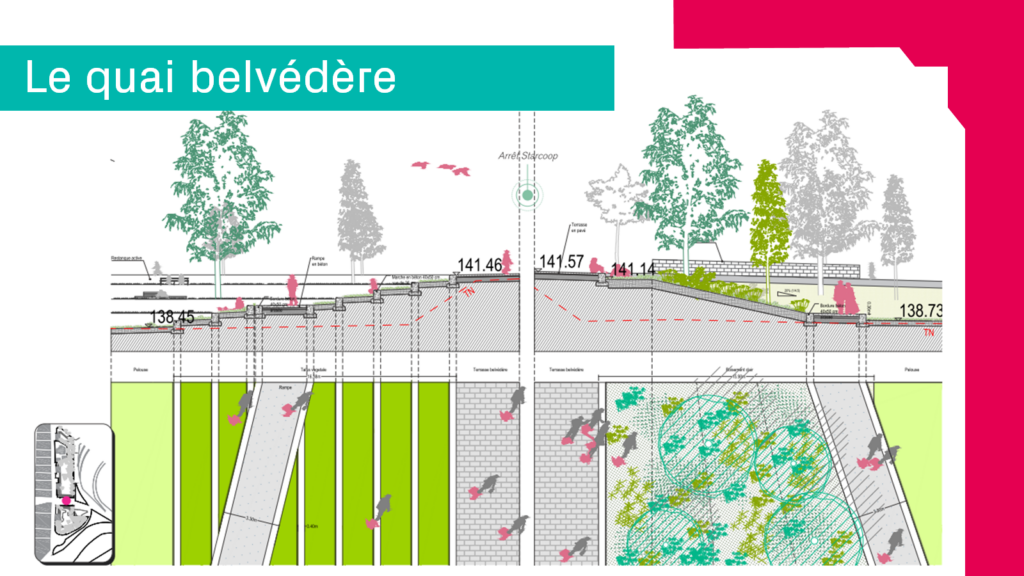 Le quai belvédère du parc du Petit Rhin et l'arrêt Starcoop, schéma en coupe