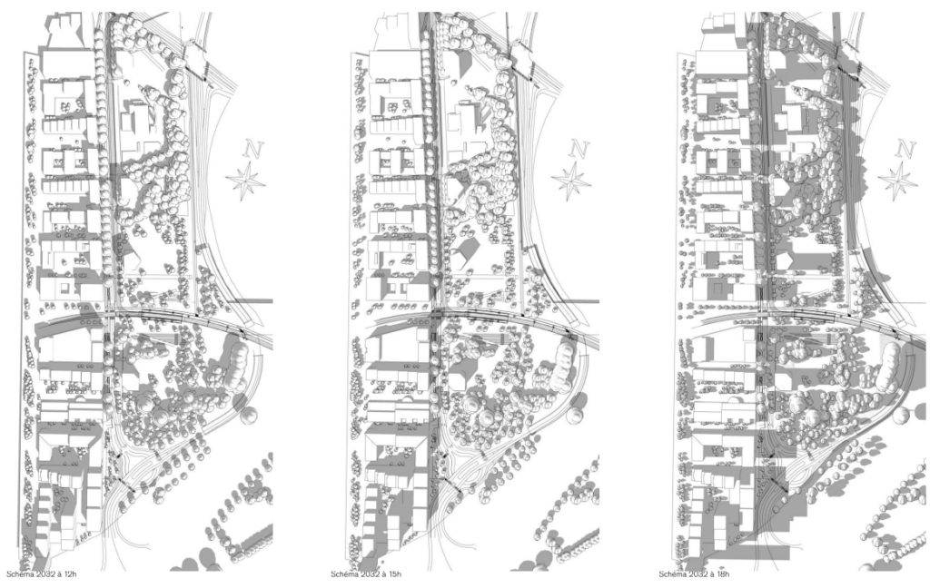 Projection de l'ensoleillement du Parc du Petit-Rhin à 09h, 12h et 15h en 2032