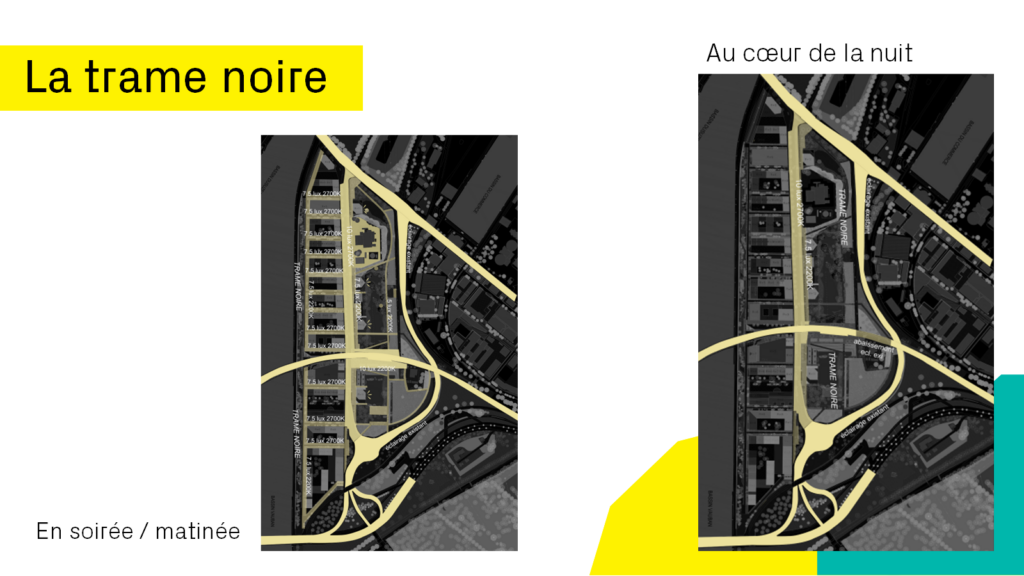 La trame noire : l'éclairage du parc et du quartier sera atténué en dehors des axes structurants