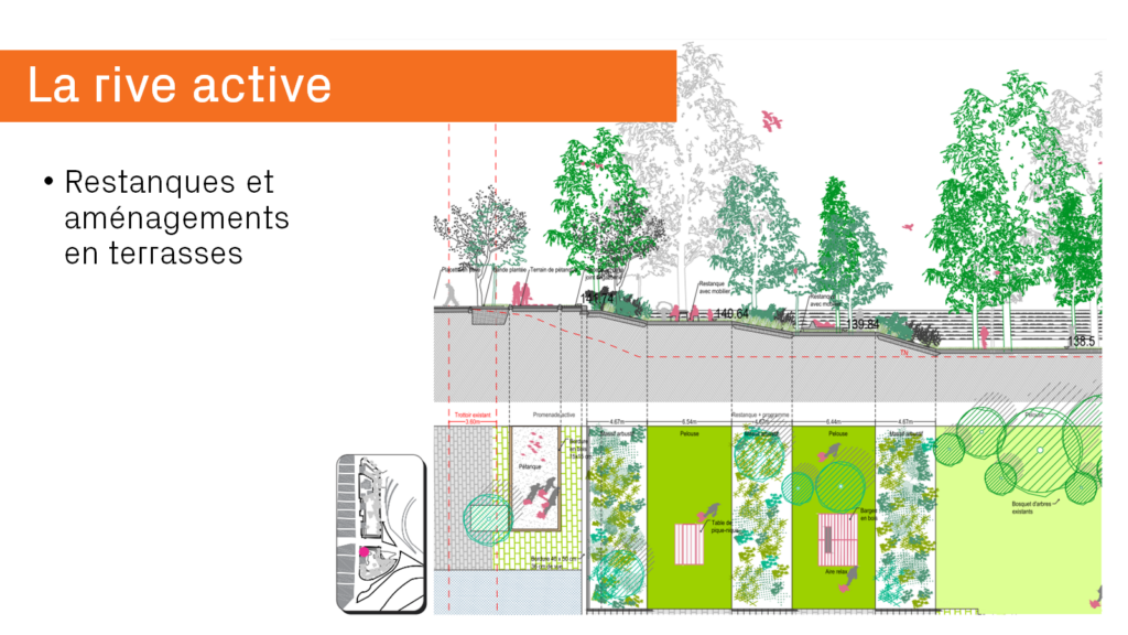 Vue en coupe et plan d'aménagement des terrasses (table de pique-nique, transats, et terrain de pétanque figurent sur cette coupe)
