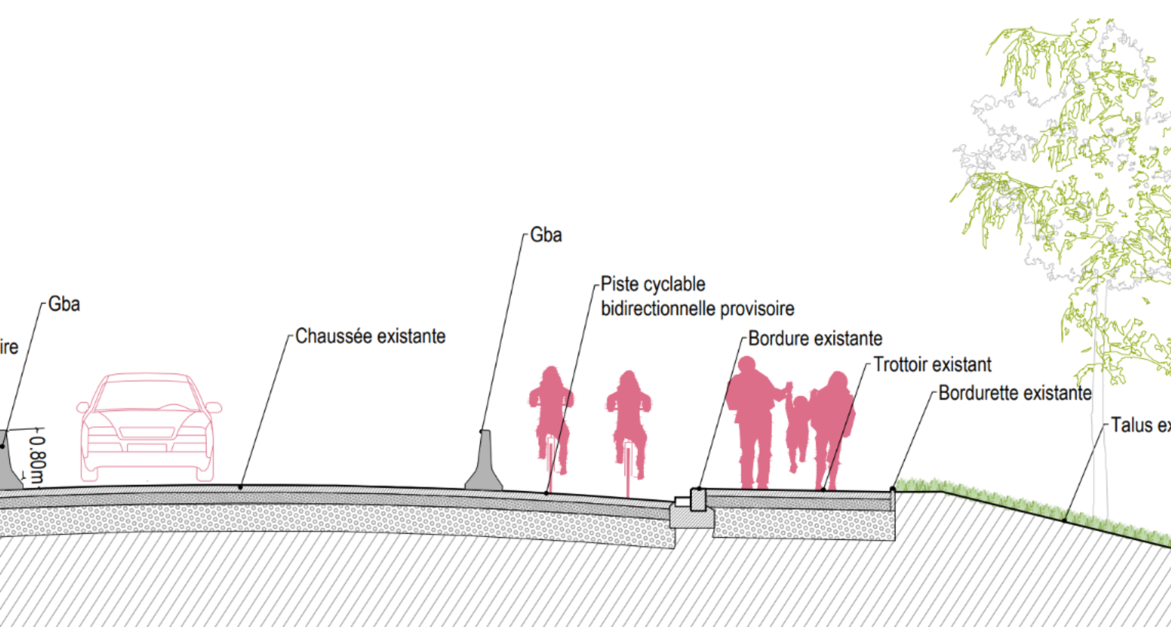 Coupe présentant la sécurisation de la route du Petit Rhin au sud de la ligne de tramway D. Crédits : Agence Ter