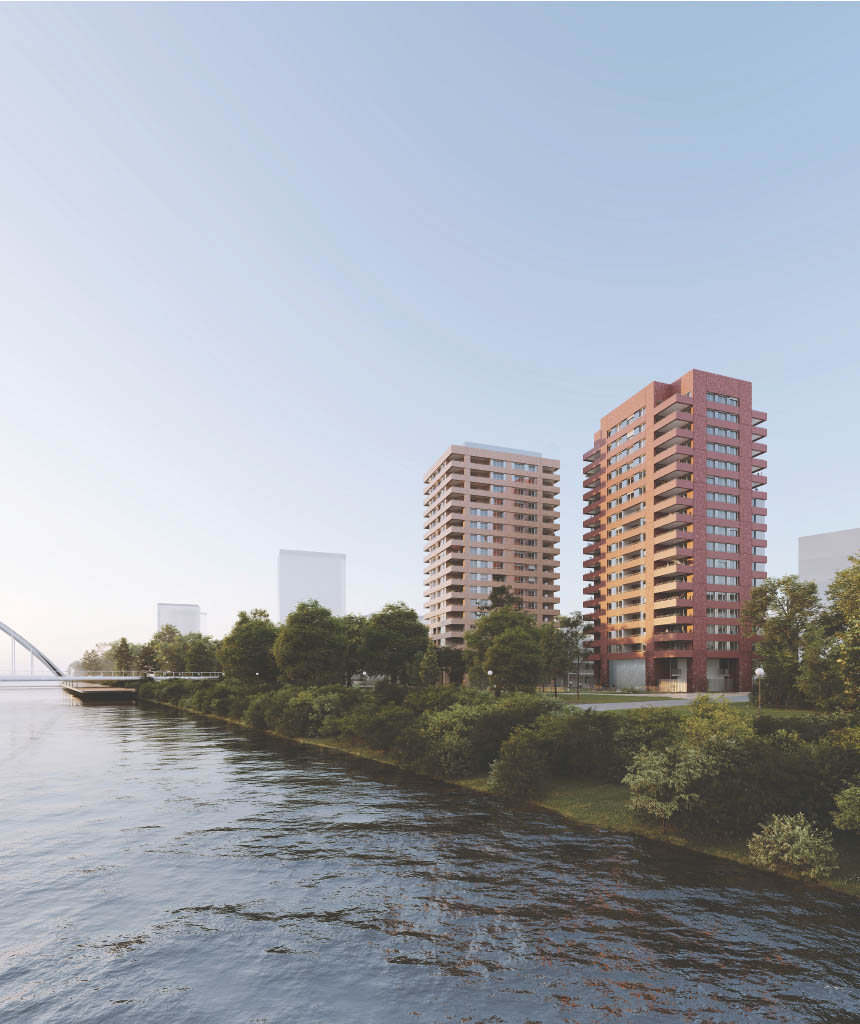 Die beiden Hochhäuser des Escales du Rhin-Komplexes von der Eisenbahnbrücke über den Rhein gesehen. Bildnachweis: Studio d’imagerie Jeudi Wang