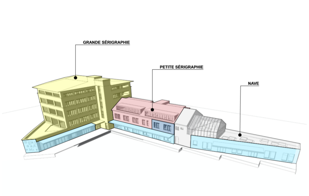 Aufteilung der Siebdruckerei nach Bauvolumen (Axonometrische Darstellung: Lucquet Architectes)
