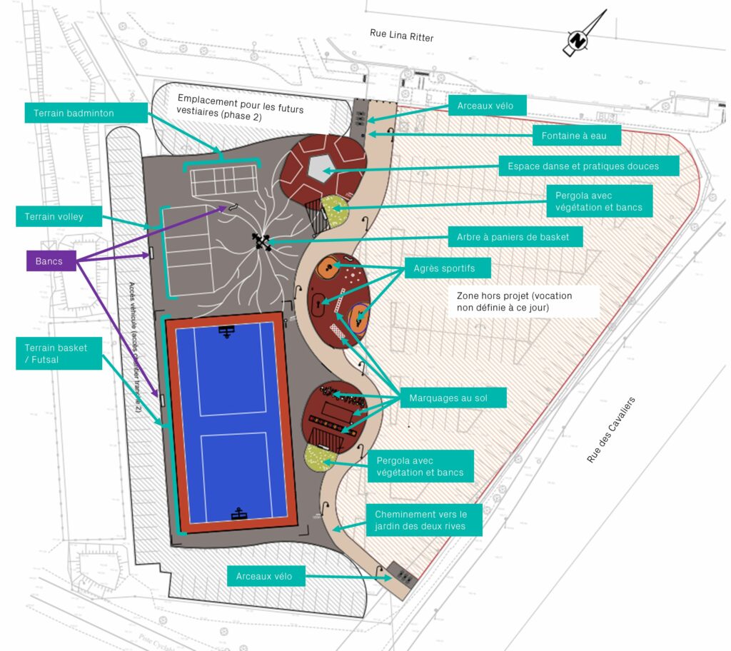 Plan de la plaine des sports. Les implantations sont présentées ci-dessus. On voit que la moitié du terrain entre la rue des Cavaliers et la rue Lina Ritter est hors projet et que sa vocation n'est pas définie pour le moment.