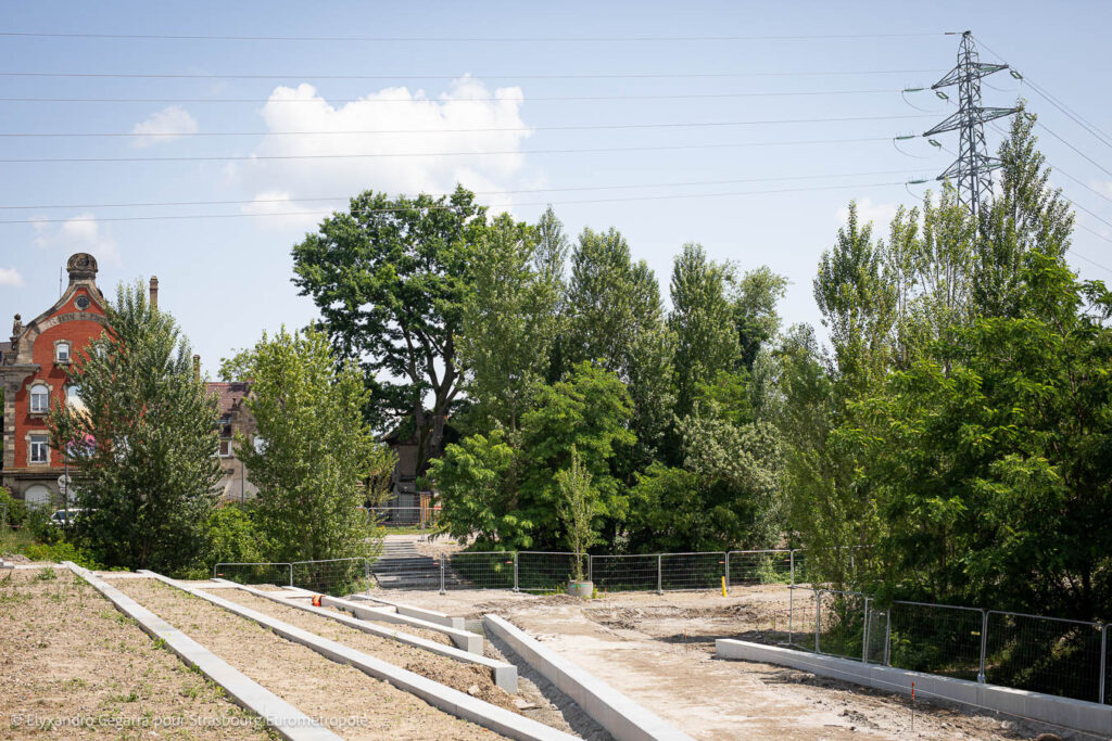Des rampes permettent d'accéder au lit du parc du Petit Rhin depuis l'arrêt StarCoop. Crédits : Elyxandro Cegarra pour Strasbourg Eurométropole