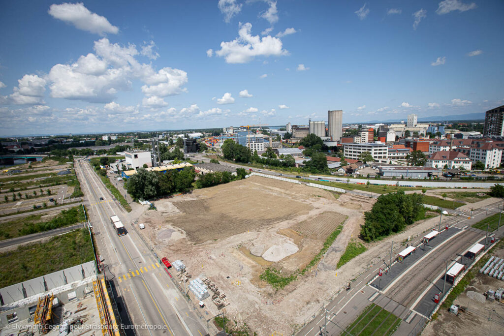 Vue aérienne du sud du Parc du Petit Rhin, au nord de l'arrêt Starcoop. Crédits : Strasbourg Eurométropole