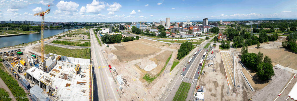 Panorama du parc du Petit Rhin, vue depuis l'Alternatif. Crédits : Elyxandro Cegarra pour Strasbourg Eurométropole