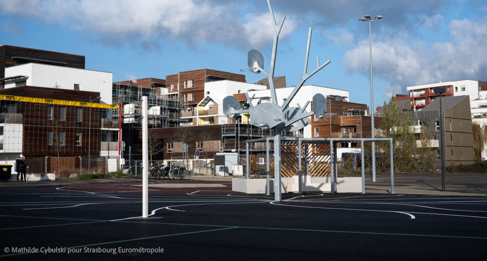 L'arbre à paniers de basket de la plaine des sports avec les bâtiments du quartier du port du rhin en fond