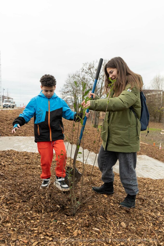 Un enfant de l'école du Rhin en train de planter un arbuste avec une adulte