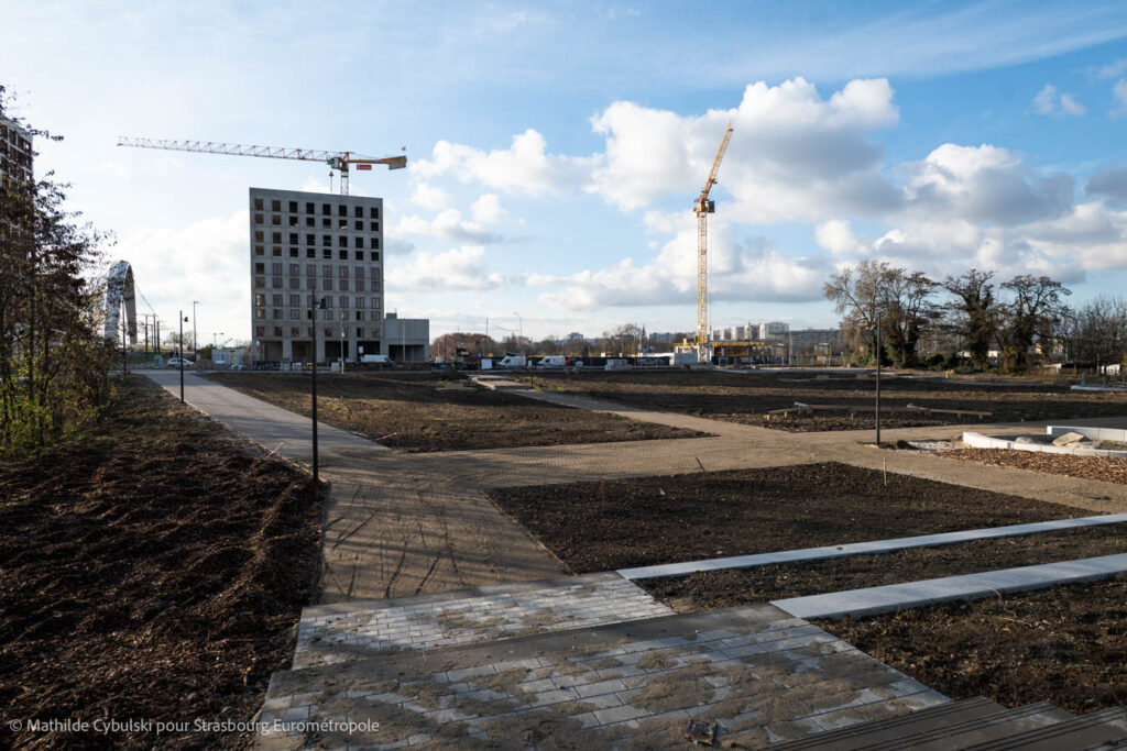 La partie nord du parc vue depuis la piste cyclable de la rue du péage. Crédits : Mathilde Cybulski pour Strasbourg Eurométropole