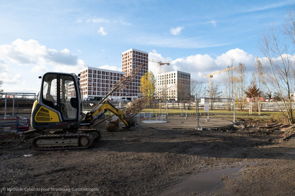 Aménagements en cours au sud du parc du Petit Rhin. Crédits : Mathilde Cybulski pour Strasbourg Eurométropole