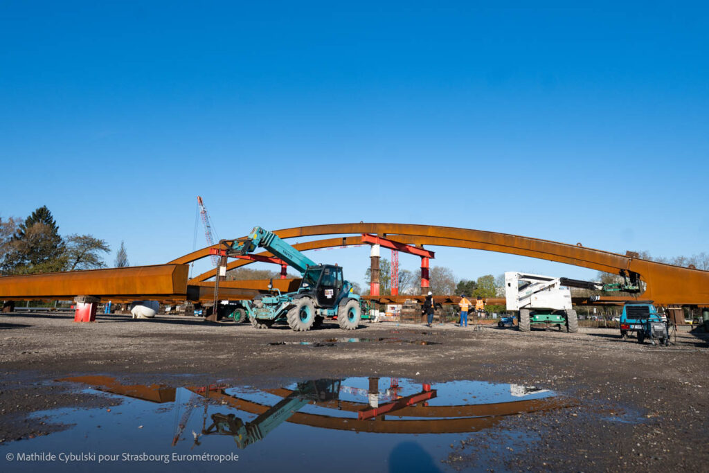 Les travaux de la passerelle Rosa Luxemburg. Crédits : Mathilde Cybulski pour Strasbourg Eurométropole