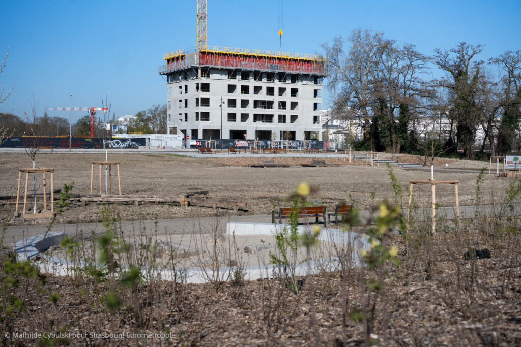 La façade ouest de Quai Vatel, vue depuis le parc du Petit Rhin. Crédits : Mathilde Cybulski pour Strasbourg Eurométropole