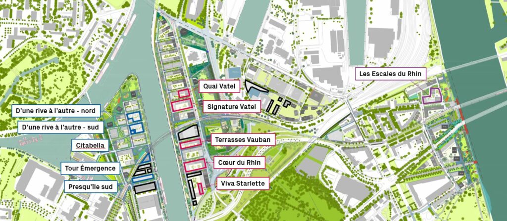 Logements livrés d'ici 2028 à l'échelle du projet urbain Deux-Rives / Zwei-Ufer.
Citadelle : Presqu'île Sud; Tour Emergence; Citabella; D'une Rive à L'Autre (nord et sud)
Starlette : Viva Starlette (Quai Starlette); Cœur du Rhin; Terrasses Vauban; Signature Vatel; Quai Vatel
Port du Rhin (nouvelles opérations : Les escales du Rhin)