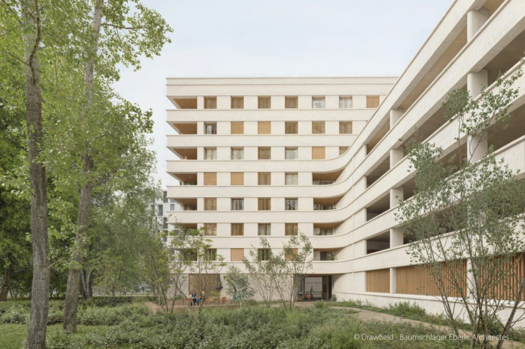 Le cœur d’îlot planté du bâtiment. Crédits : Drawfield – Baumschlager Eberle Architectes
