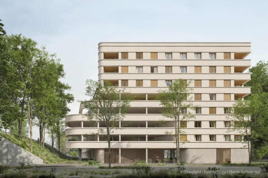 Vue de la façade du bâtiment depuis la rue Jean Monnet. Crédits : Drawfield – Baumschlager Eberle Architectes