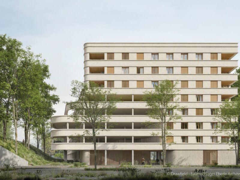 Vue de la façade du bâtiment depuis la rue Jean Monnet. Crédits : Drawfield - Baumschlager Eberle Architectes