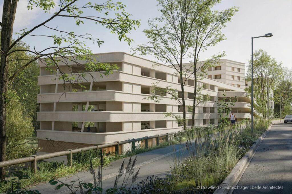 Vue du parking depuis le talus du pont de l’Europe. Crédits : Drawfield – Baumschlager Eberle Architectes