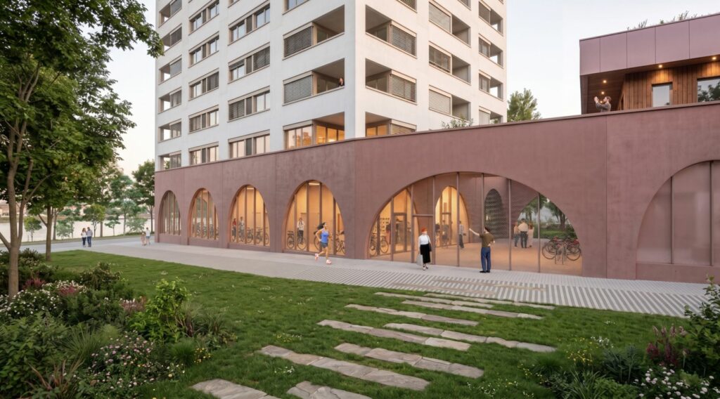 Vue de l’entrée du programme depuis l’allée des chuchotements. Crédits : TOA Architectes