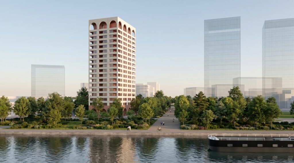 Vue de la tour depuis le Rhin. Crédits : TOA architectes